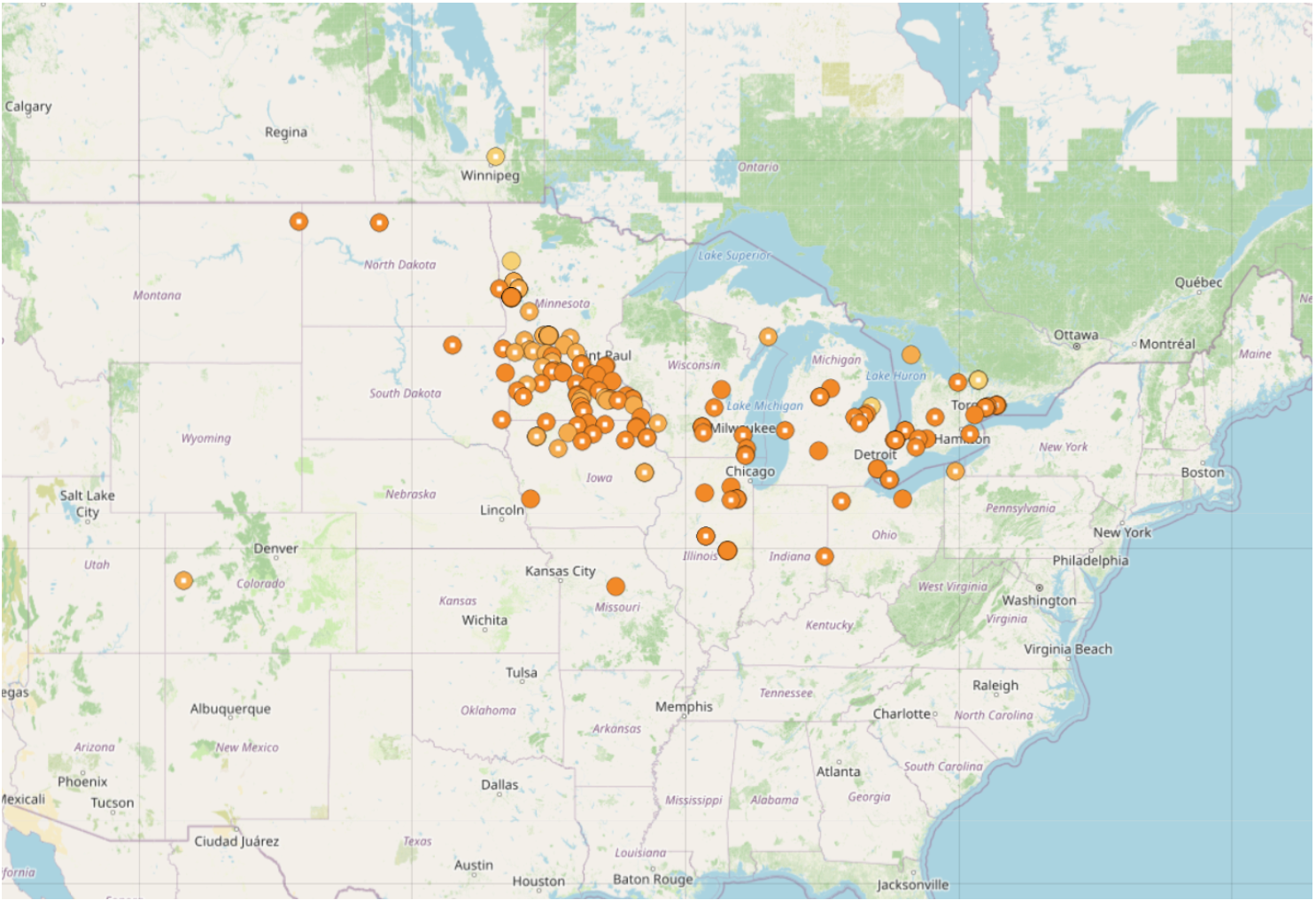 Journey North map showing monarch butterfly roost reports across the upper Midwest and Great Lakes region